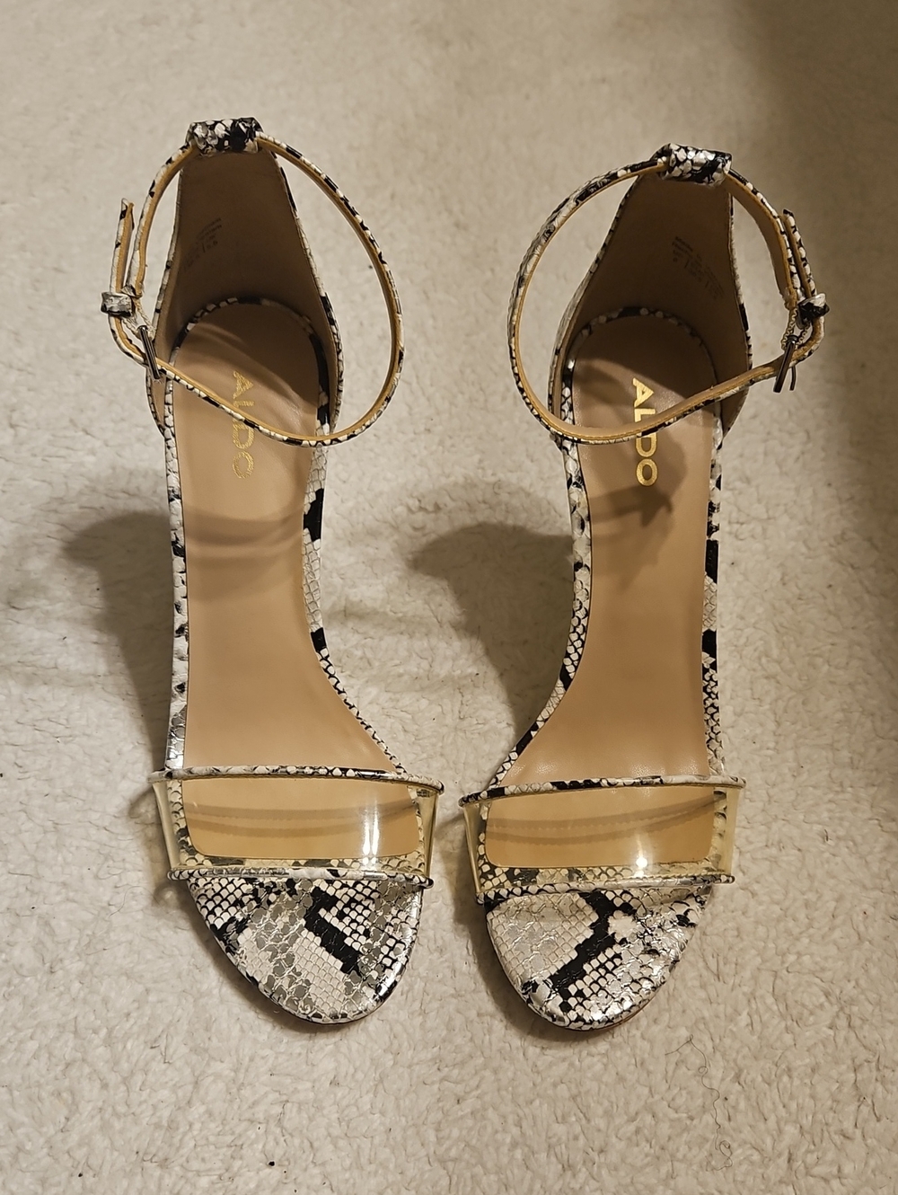ALDO Snake-Print Ankle-Strap Heels with Clear Toe Strap in Black & White